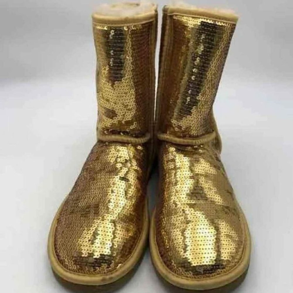 UGG Womens 3161 Gold Round Toe Sequin Pull-On Mid-Calf Winter Boots Size 6